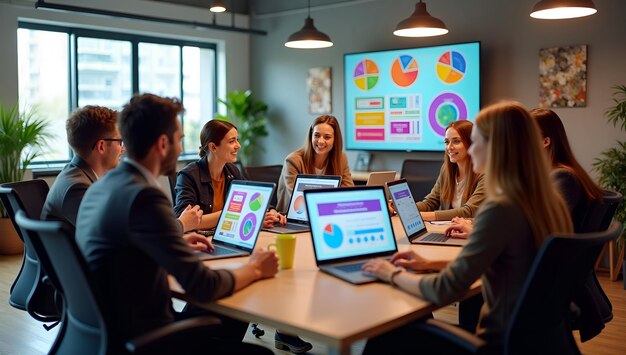 A team of professionals in a meeting room discussing data and charts displayed on laptops and a large screen presentation.