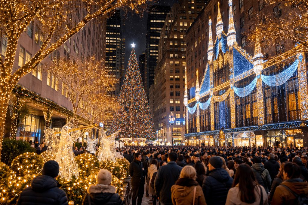 A holiday scene at Rockefeller Plaza, featuring a Christmas tree, festive lights, and crowds of people.