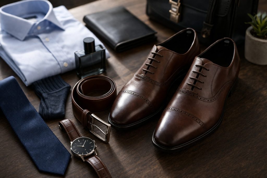 Sophisticated men's accessories flat lay