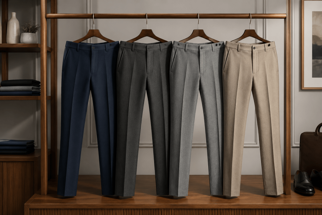 Four tailored pants in navy, charcoal, gray and beige hang on wooden hangers in a closet. displayed.